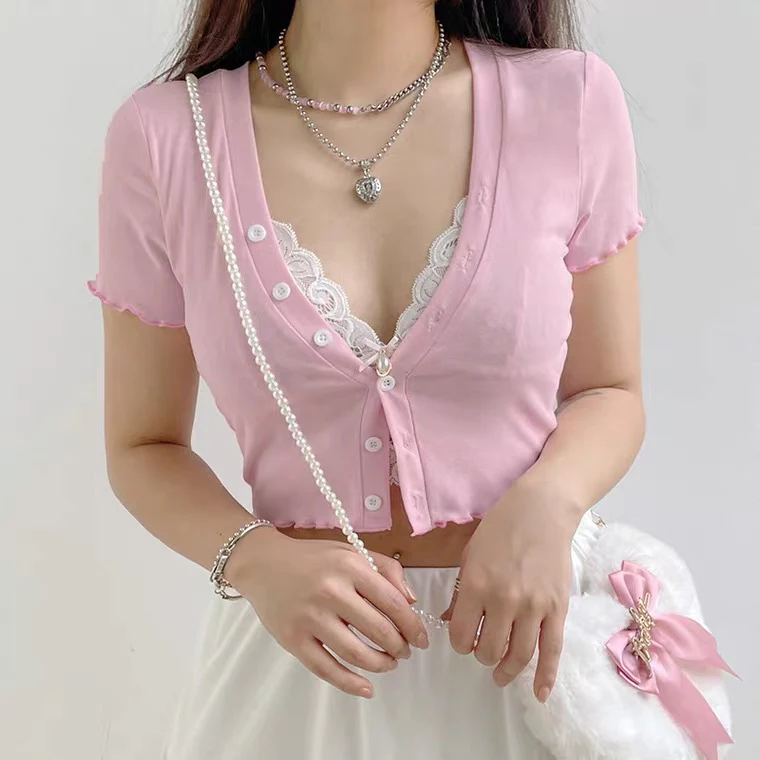Fake two-piece T-shirt with inner panel V-neck HA0813 - Image 3