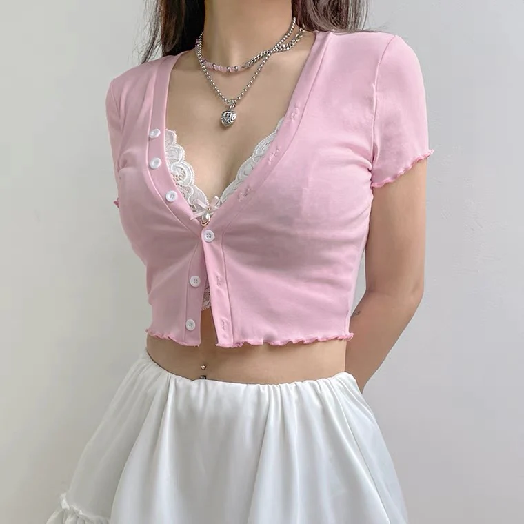 Fake two-piece T-shirt with inner panel V-neck HA0813 - Image 4
