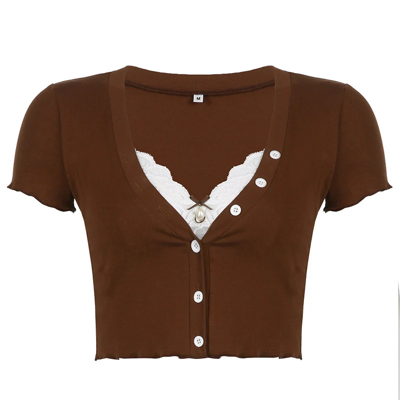 Fake two-piece T-shirt with inner panel V-neck HA0813 - Image 8