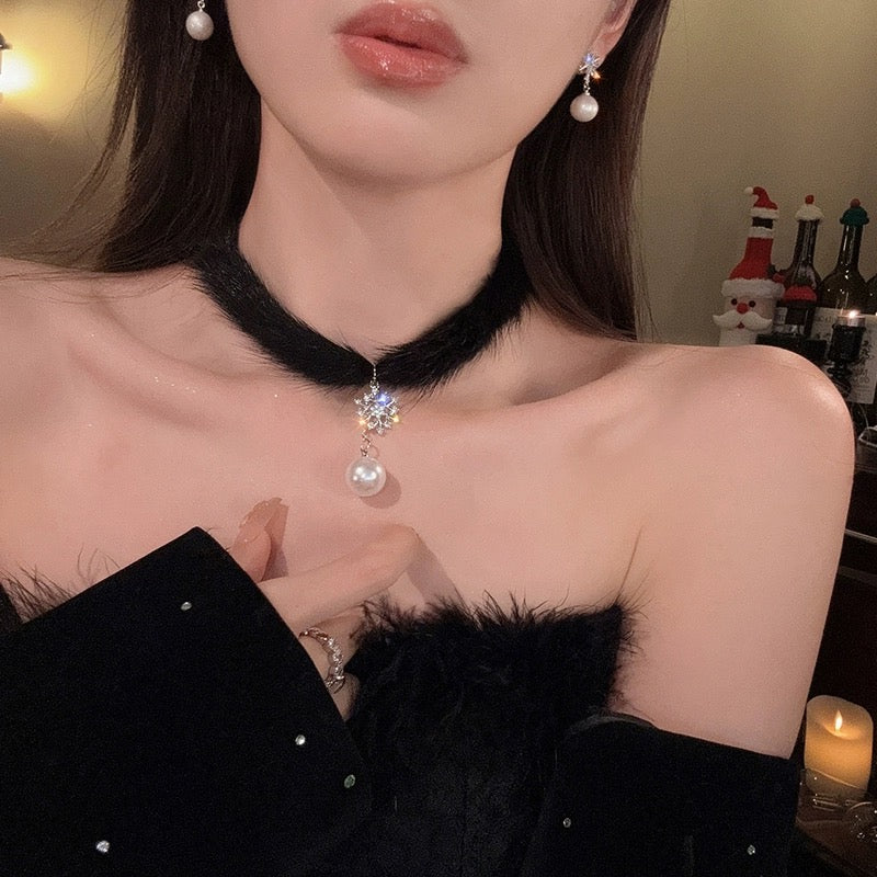 Feather Snowflake Pearl Earrings Necklace HA2415 - Image 2