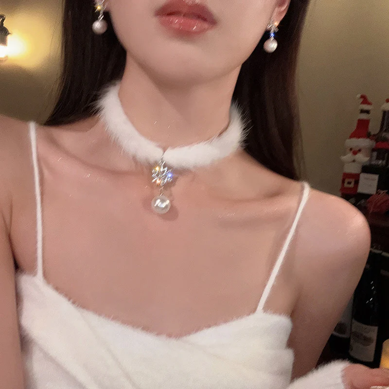 Feather Snowflake Pearl Earrings Necklace HA2415 - Image 3