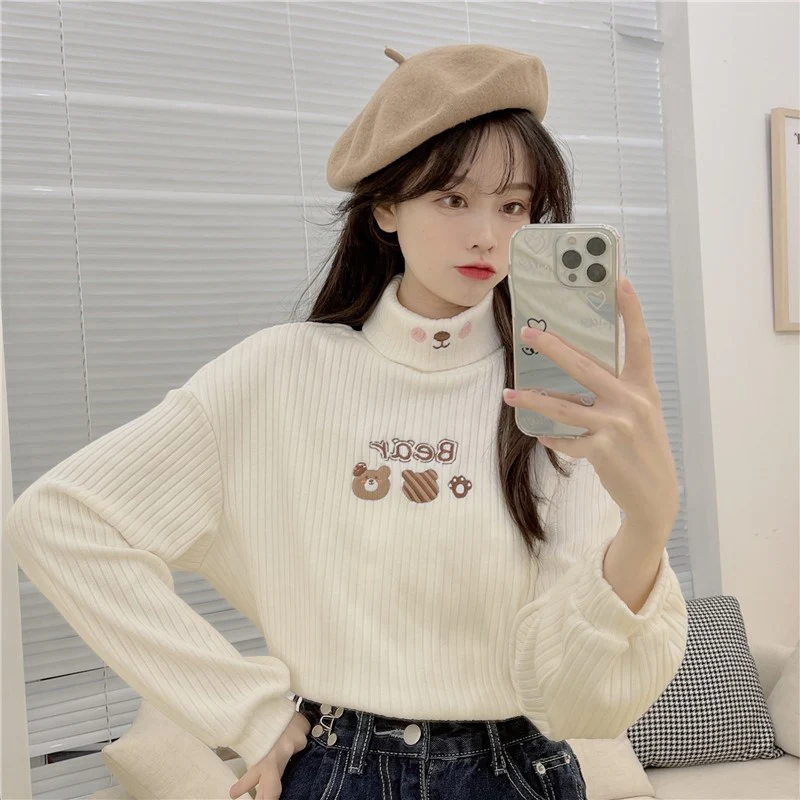 Fleece embroidered turtleneck T-shirt   HA1414 - Image 2