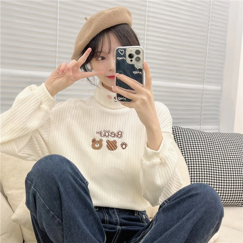 Fleece embroidered turtleneck T-shirt   HA1414 - Image 3