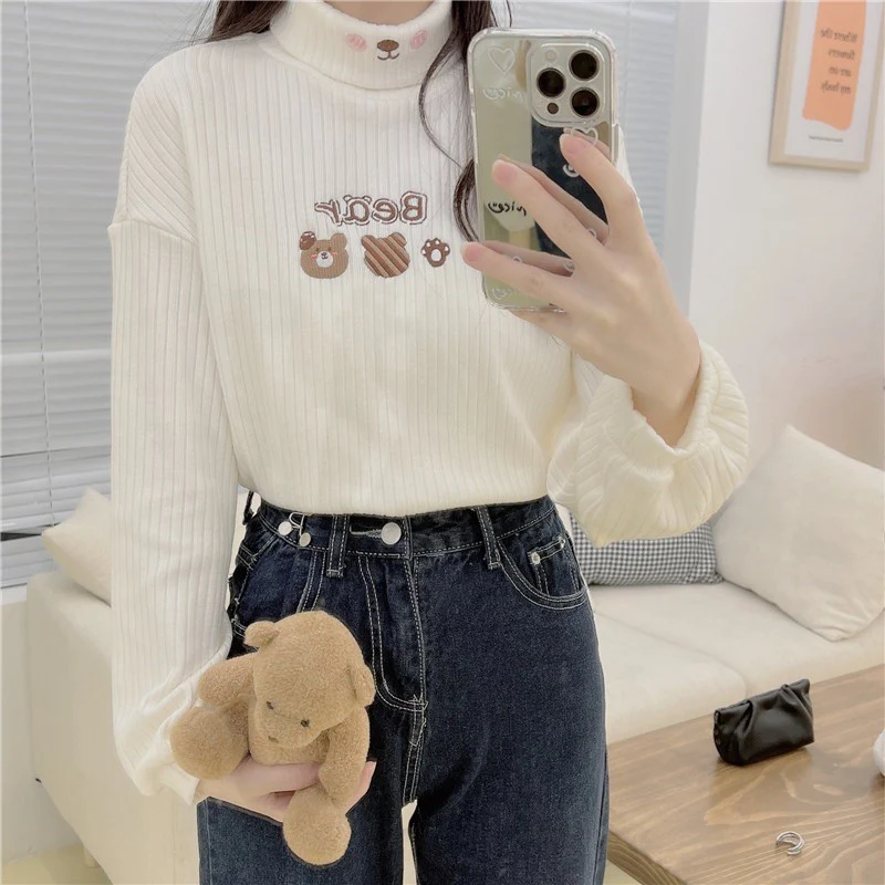 Fleece embroidered turtleneck T-shirt   HA1414 - Image 5