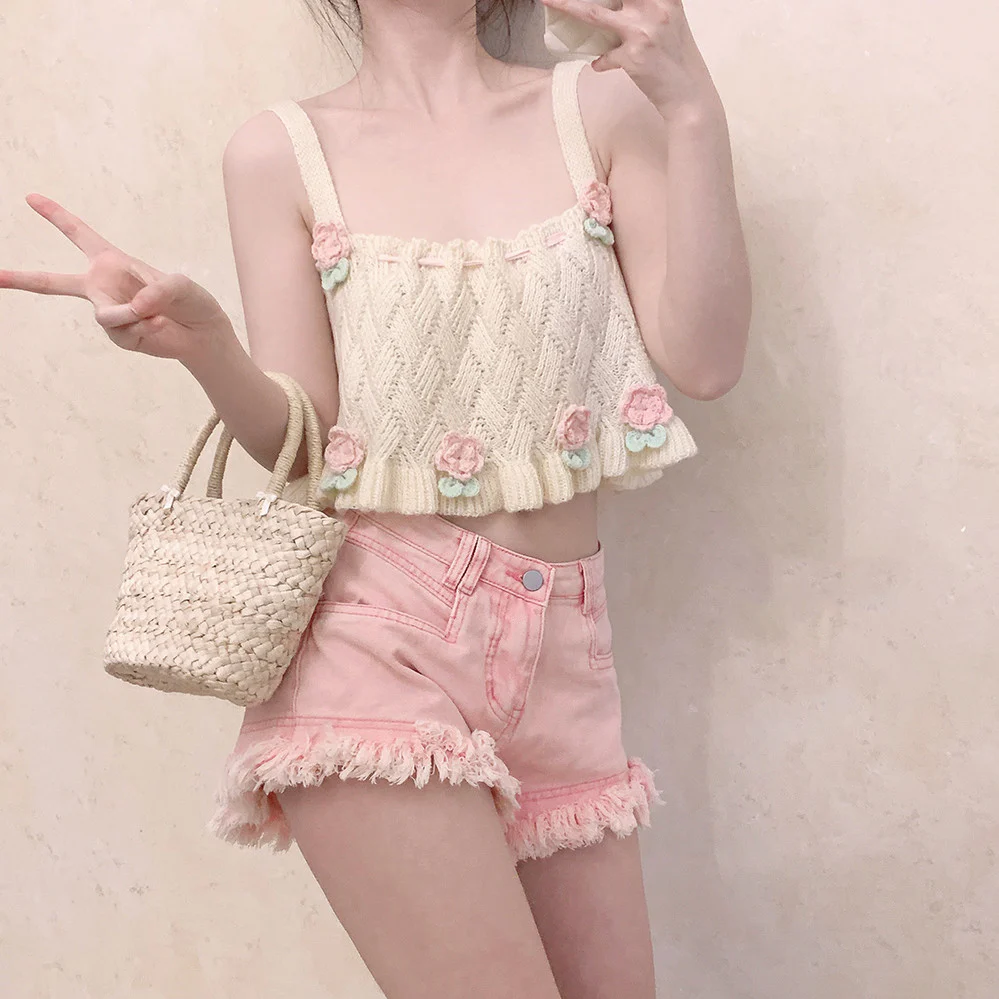 Flower Basket Beige Knit Tank Top  HA0421 - Image 3