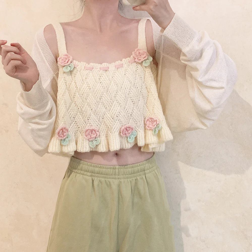 Flower Basket Beige Knit Tank Top  HA0421 - Image 4