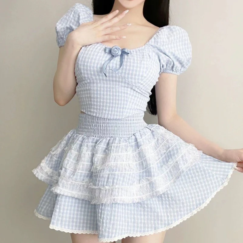 Fresh blue plaid top fluffy cake two-piece suit skirt   HA1977 - Image 2