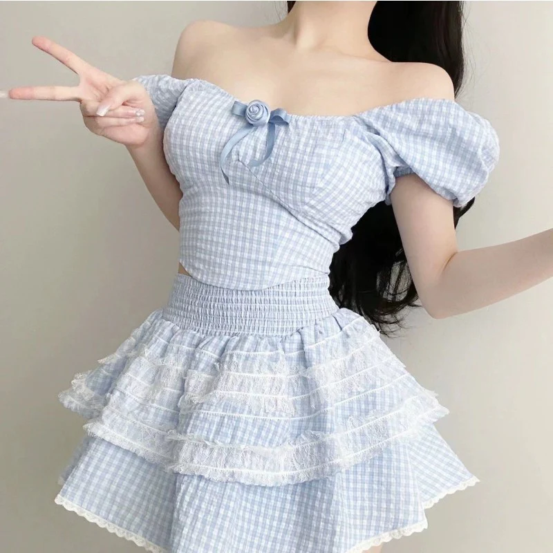 Fresh blue plaid top fluffy cake two-piece suit skirt   HA1977 - Image 3