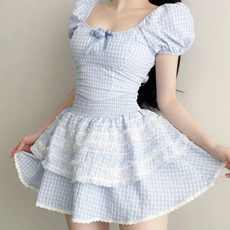 Fresh blue plaid top fluffy cake two-piece suit skirt   HA1977 - Image 4
