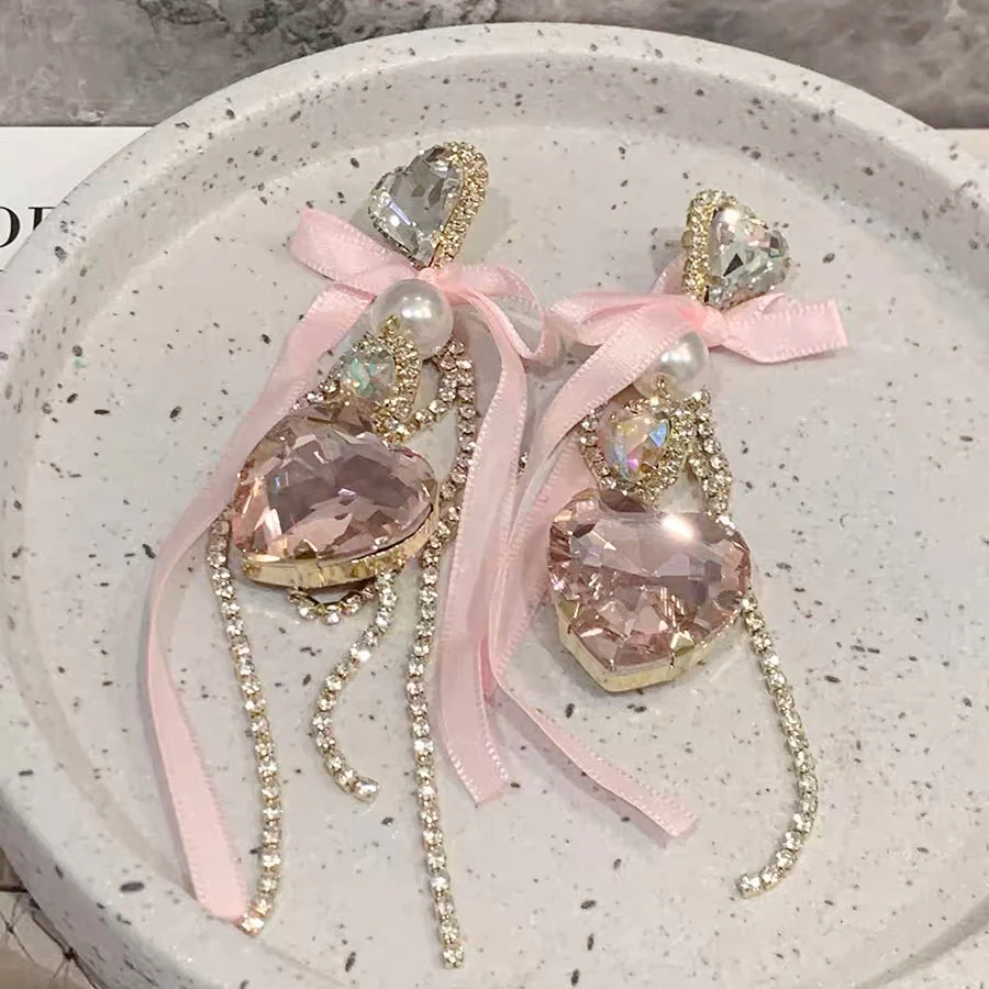 Girly pink bow rhinestone earrings HA1970