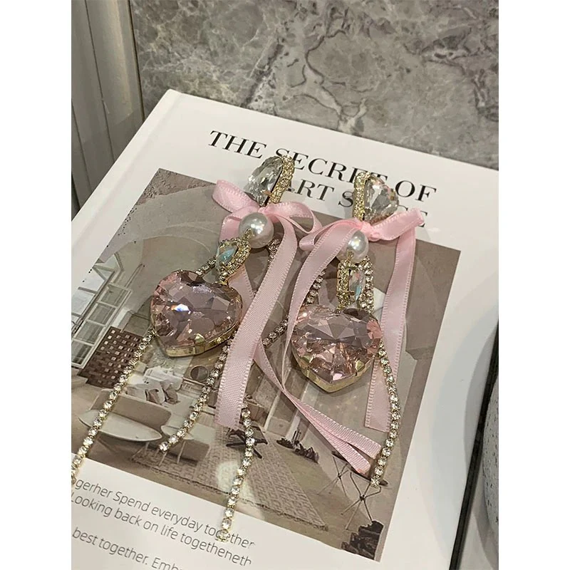 Girly pink bow rhinestone earrings HA1970 - Image 2