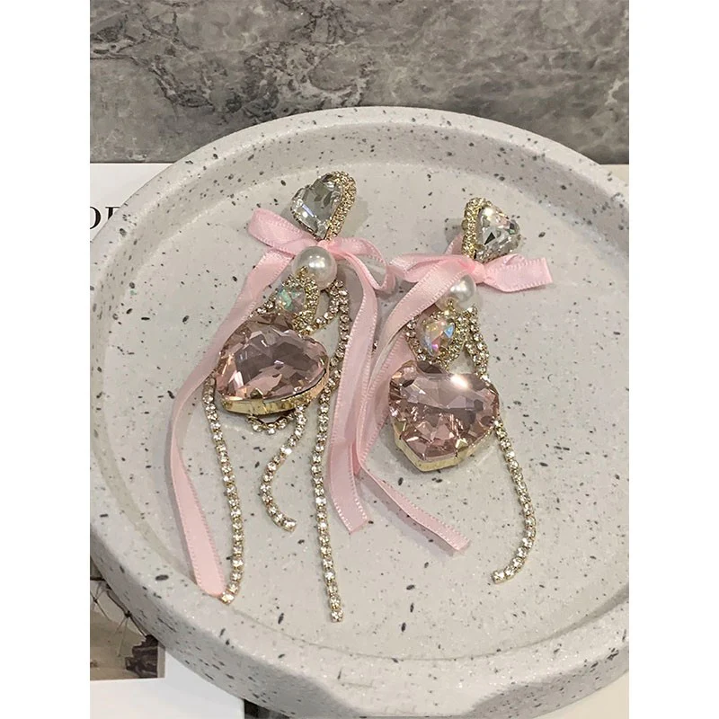 Girly pink bow rhinestone earrings HA1970 - Image 3