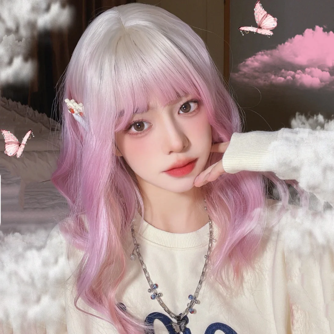 Gradient thin persimmon powder long curly hair HA0307