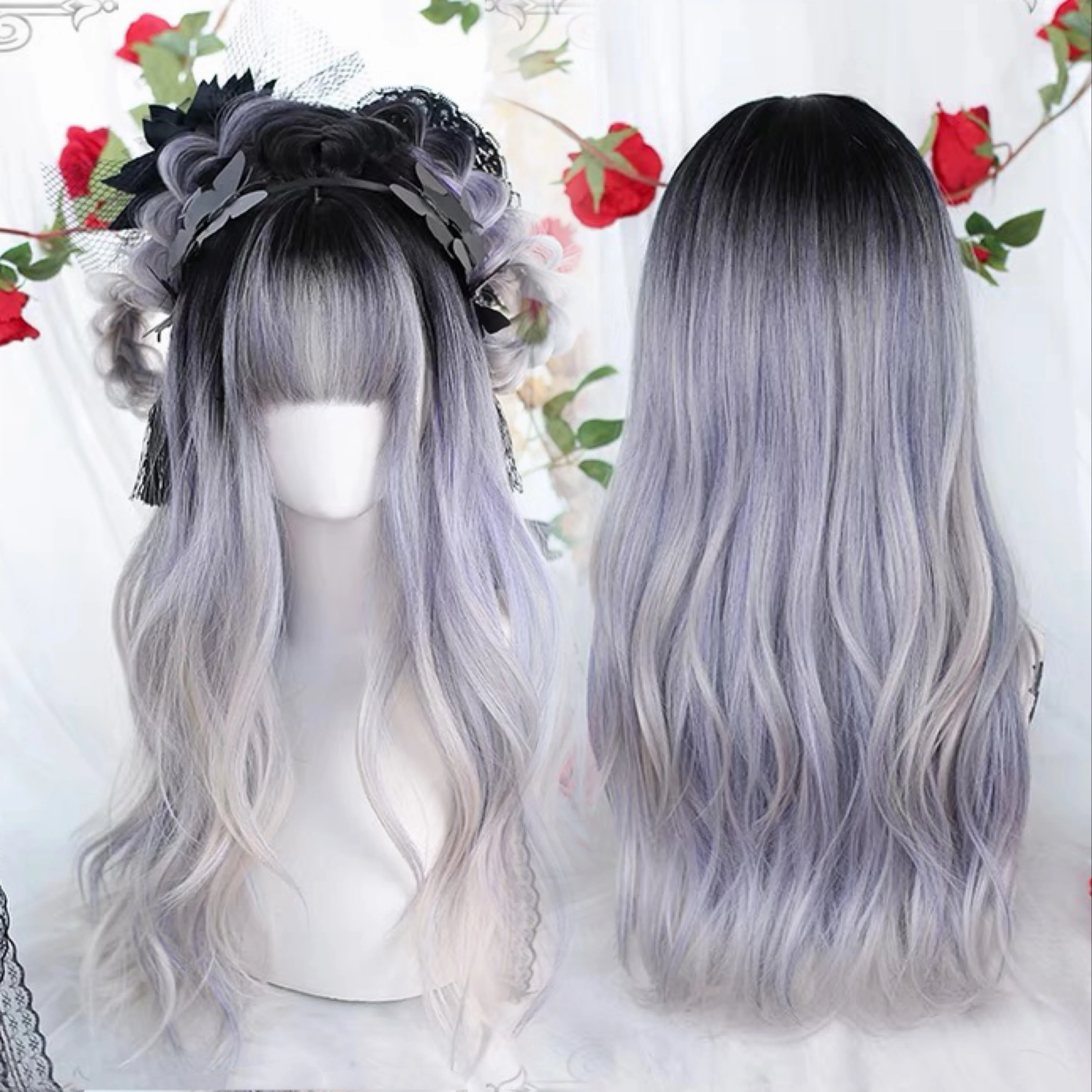 Gray dyed blue long curly hair HA0478