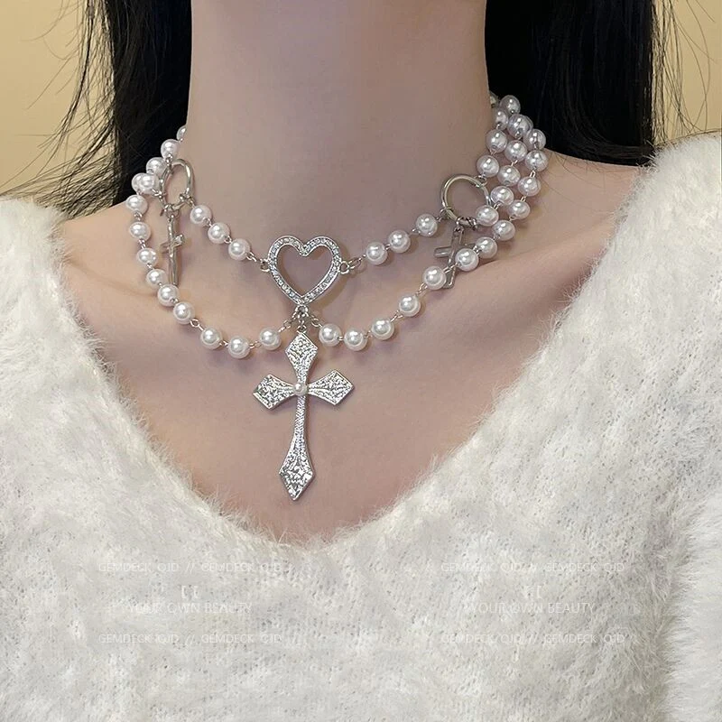 Heart Pearl Necklace Punk Cross   HA1563 - Image 2