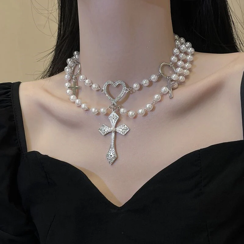 Heart Pearl Necklace Punk Cross   HA1563 - Image 3