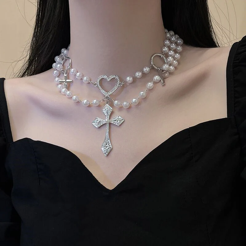 Heart Pearl Necklace Punk Cross   HA1563 - Image 4