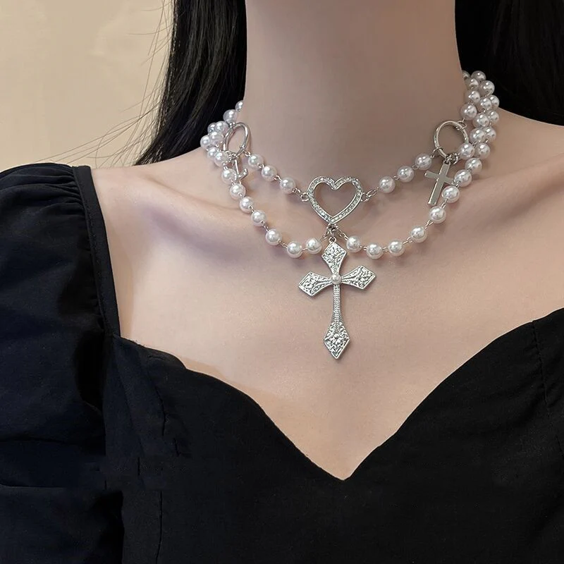Heart Pearl Necklace Punk Cross   HA1563 - Image 5