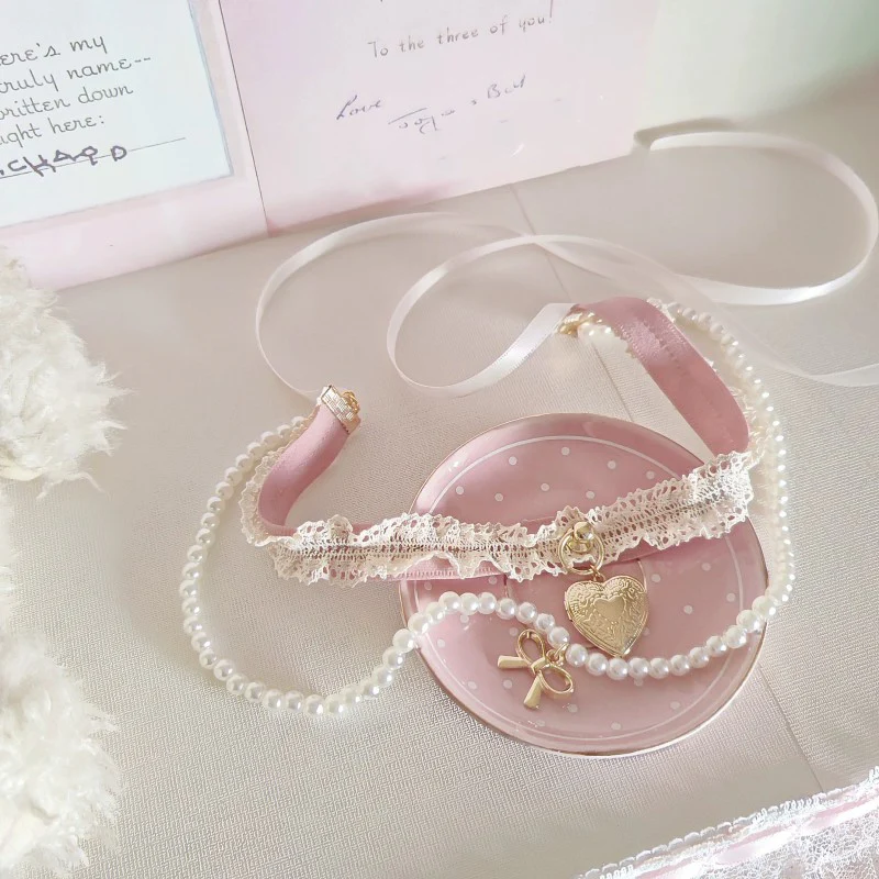 Heart Pendant Pearl Bow Necklace   HA1678 - Image 2