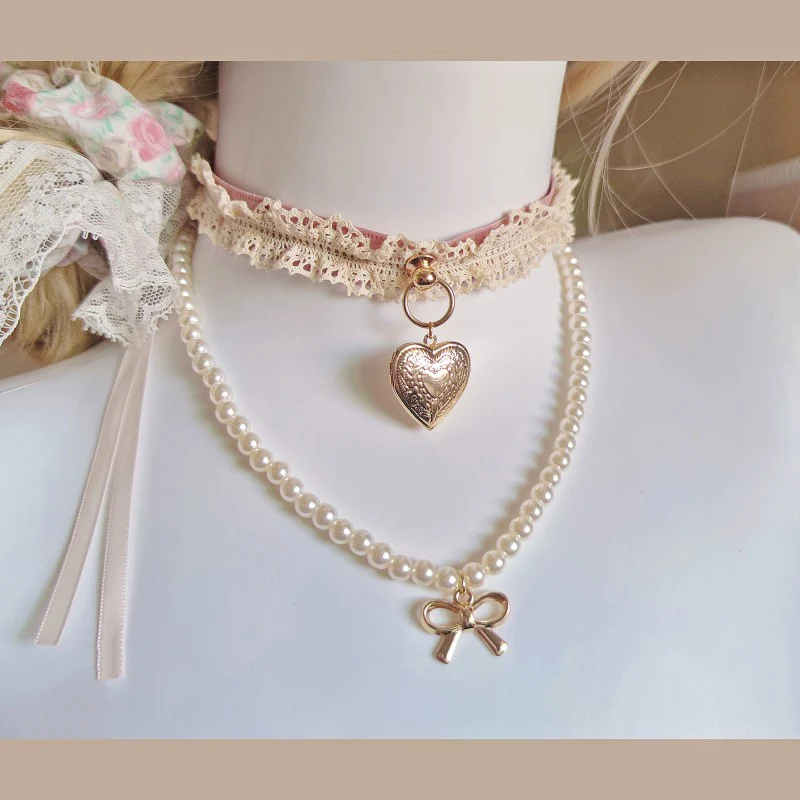 Heart Pendant Pearl Bow Necklace   HA1678 - Image 3