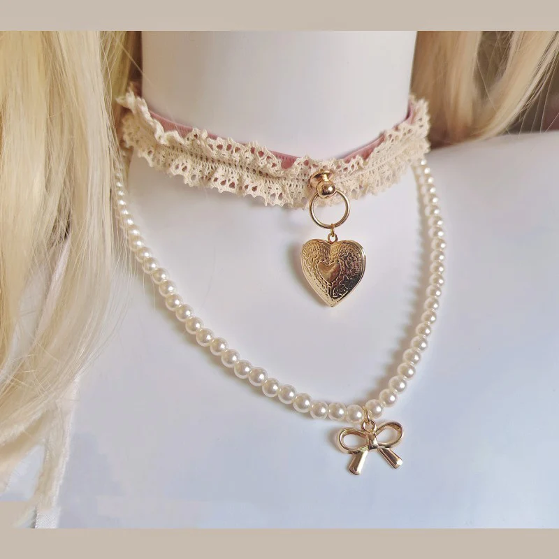 Heart Pendant Pearl Bow Necklace   HA1678 - Image 4