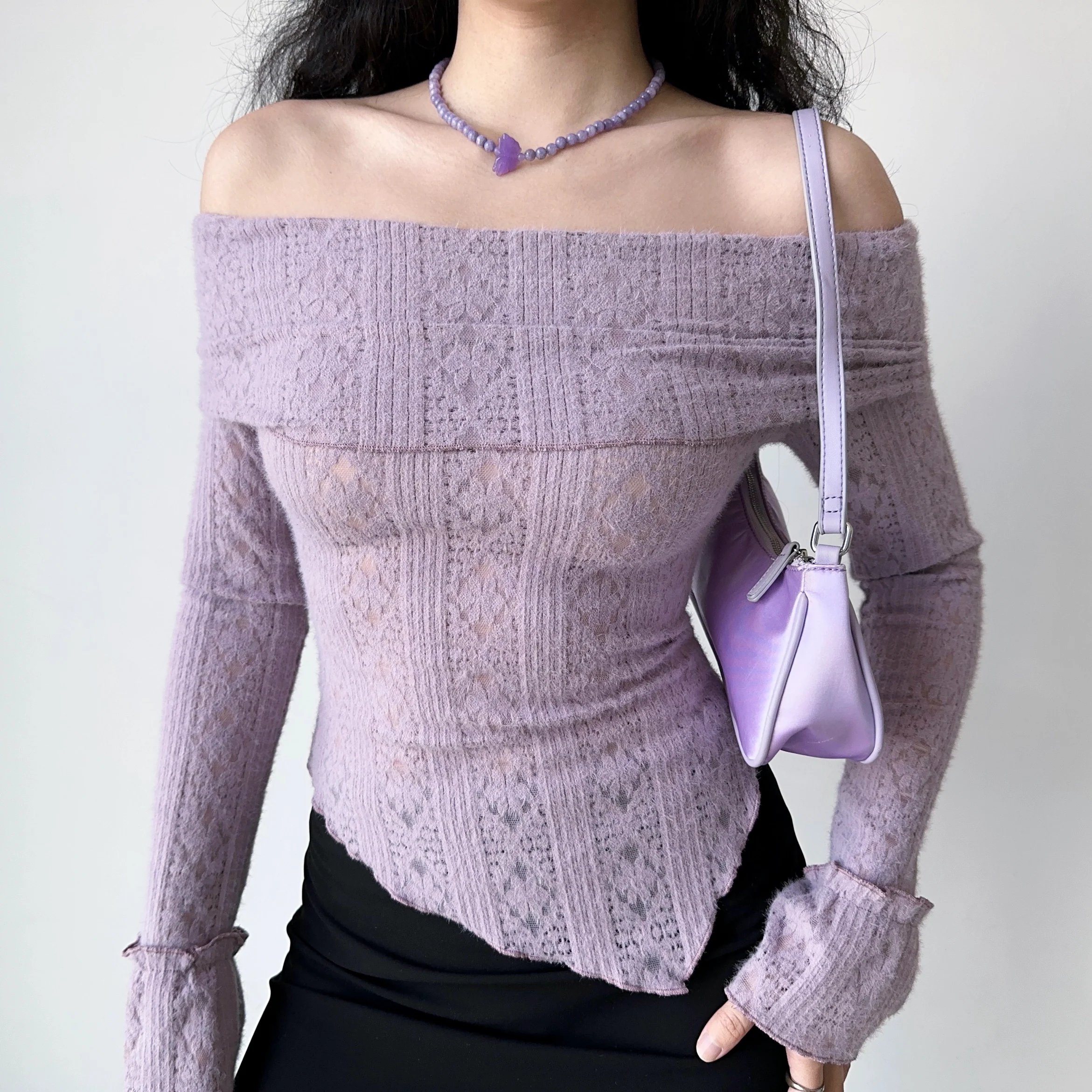 Hollow one-shoulder knitted long-sleeved T-shirt HA2385 - Image 2