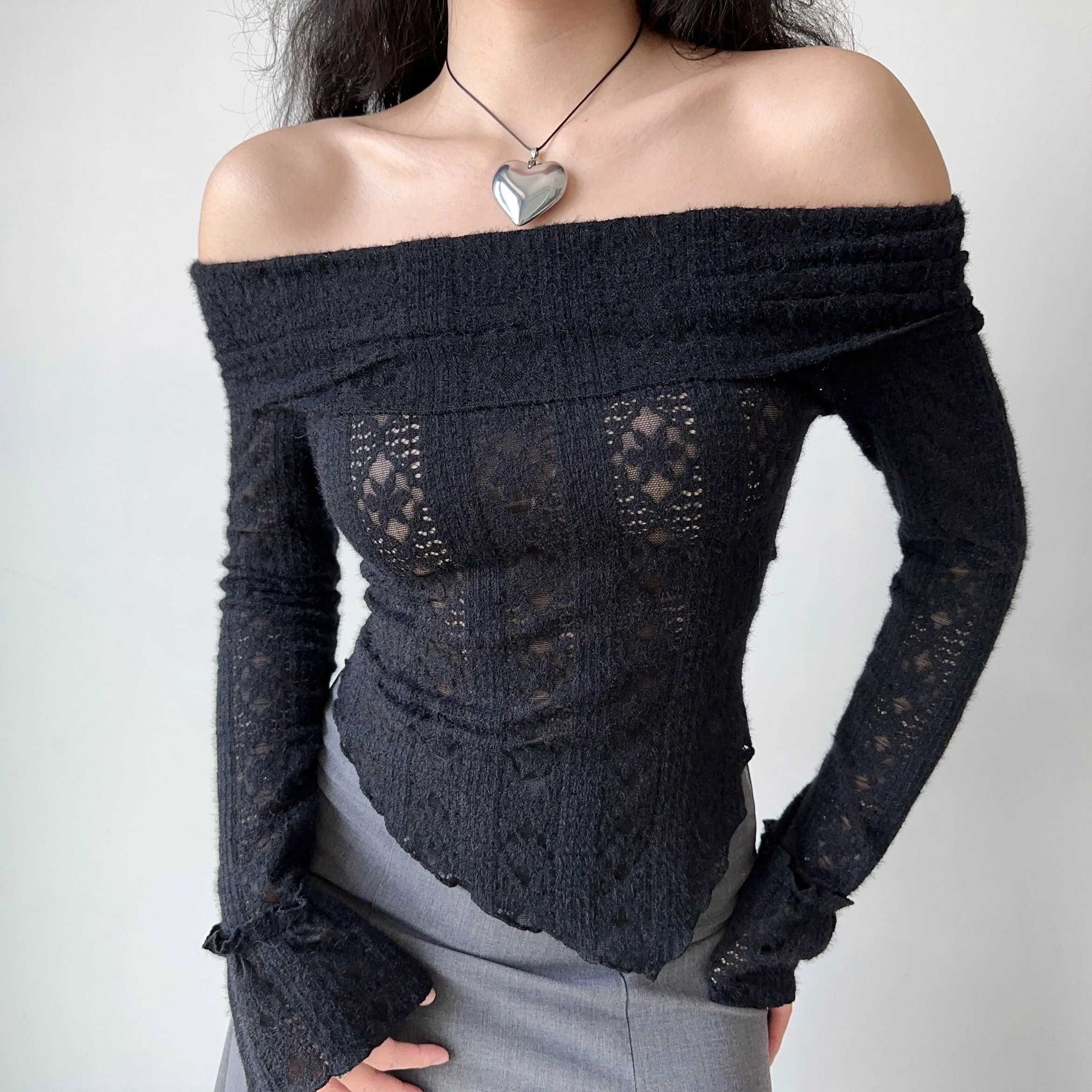 Hollow one-shoulder knitted long-sleeved T-shirt HA2385 - Image 3