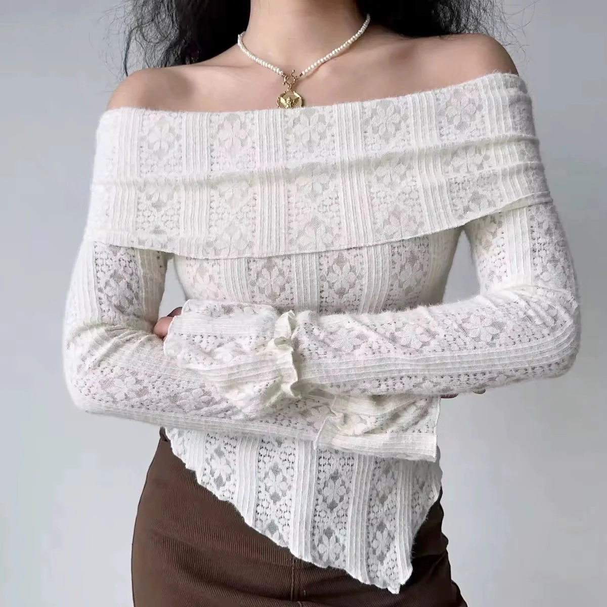 Hollow one-shoulder knitted long-sleeved T-shirt HA2385 - Image 4