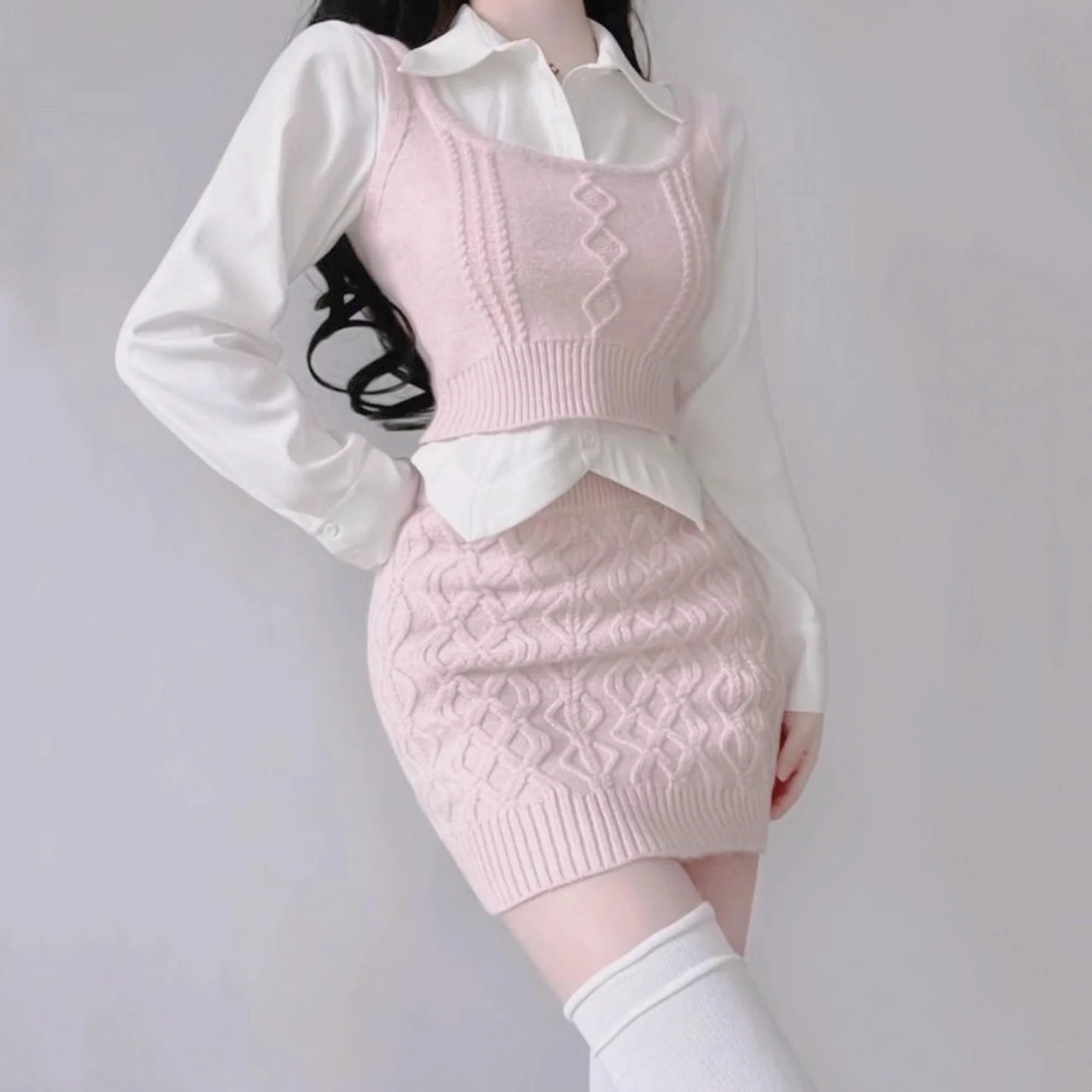 Knitted Vest + White Shirt + Hip Skirt Three-piece Set  HA2204 - Image 2