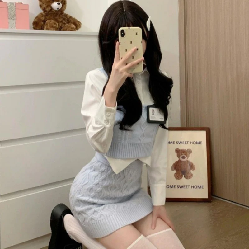 Knitted Vest + White Shirt + Hip Skirt Three-piece Set  HA2204 - Image 3