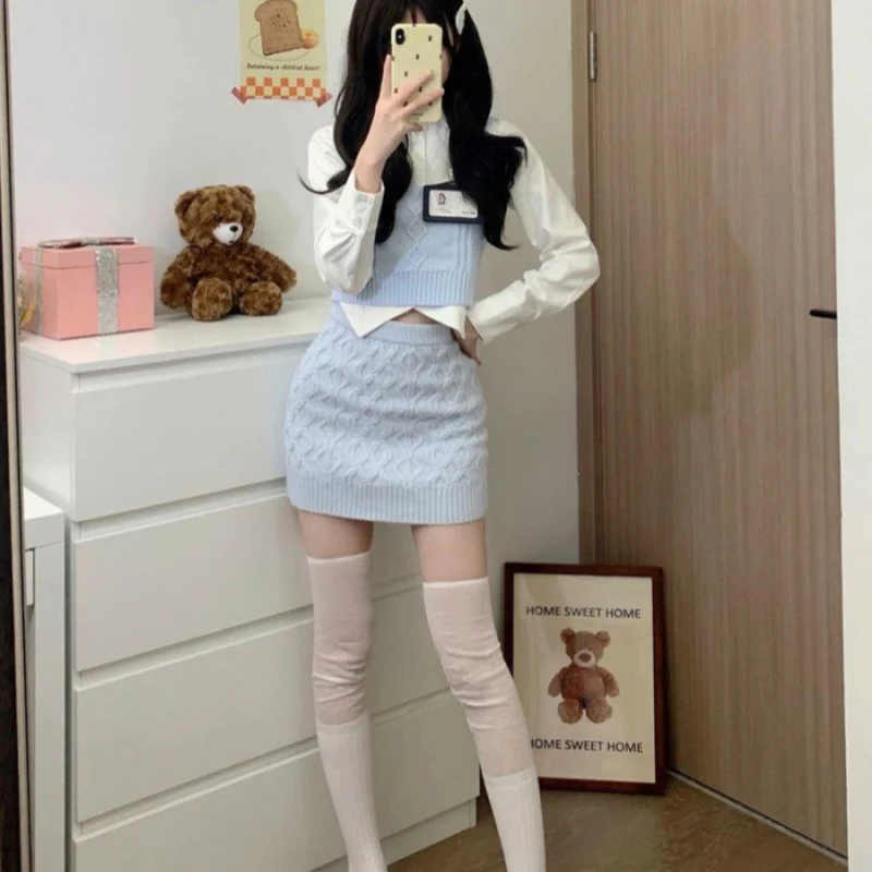 Knitted Vest + White Shirt + Hip Skirt Three-piece Set  HA2204 - Image 4