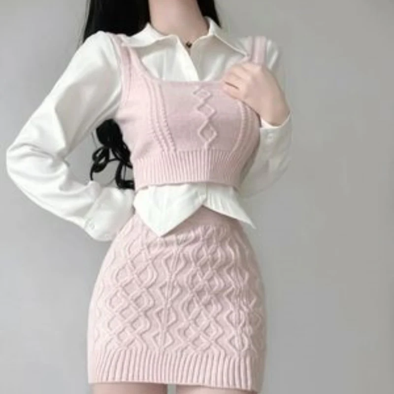 Knitted Vest + White Shirt + Hip Skirt Three-piece Set  HA2204 - Image 5