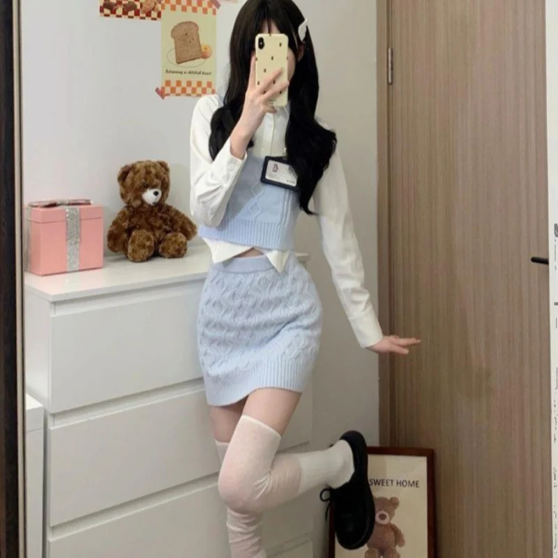 Knitted Vest + White Shirt + Hip Skirt Three-piece Set  HA2204 - Image 6