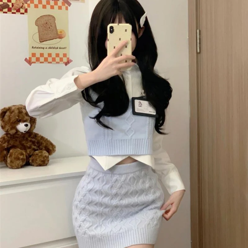 Knitted Vest + White Shirt + Hip Skirt Three-piece Set  HA2204 - Image 7