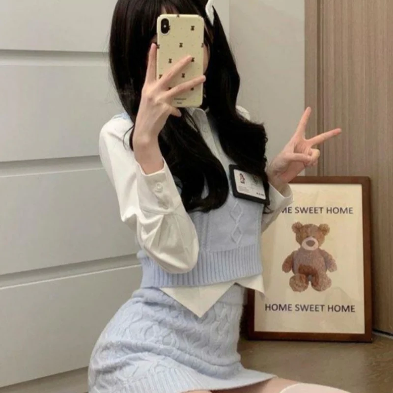 Knitted Vest + White Shirt + Hip Skirt Three-piece Set  HA2204 - Image 8