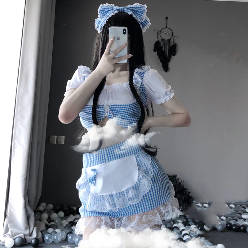 Lace Blue Grid Maid Dress    HA0338 - Image 3