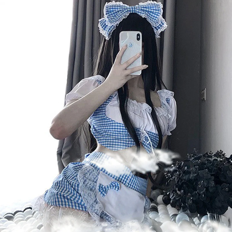 Lace Blue Grid Maid Dress    HA0338 - Image 4