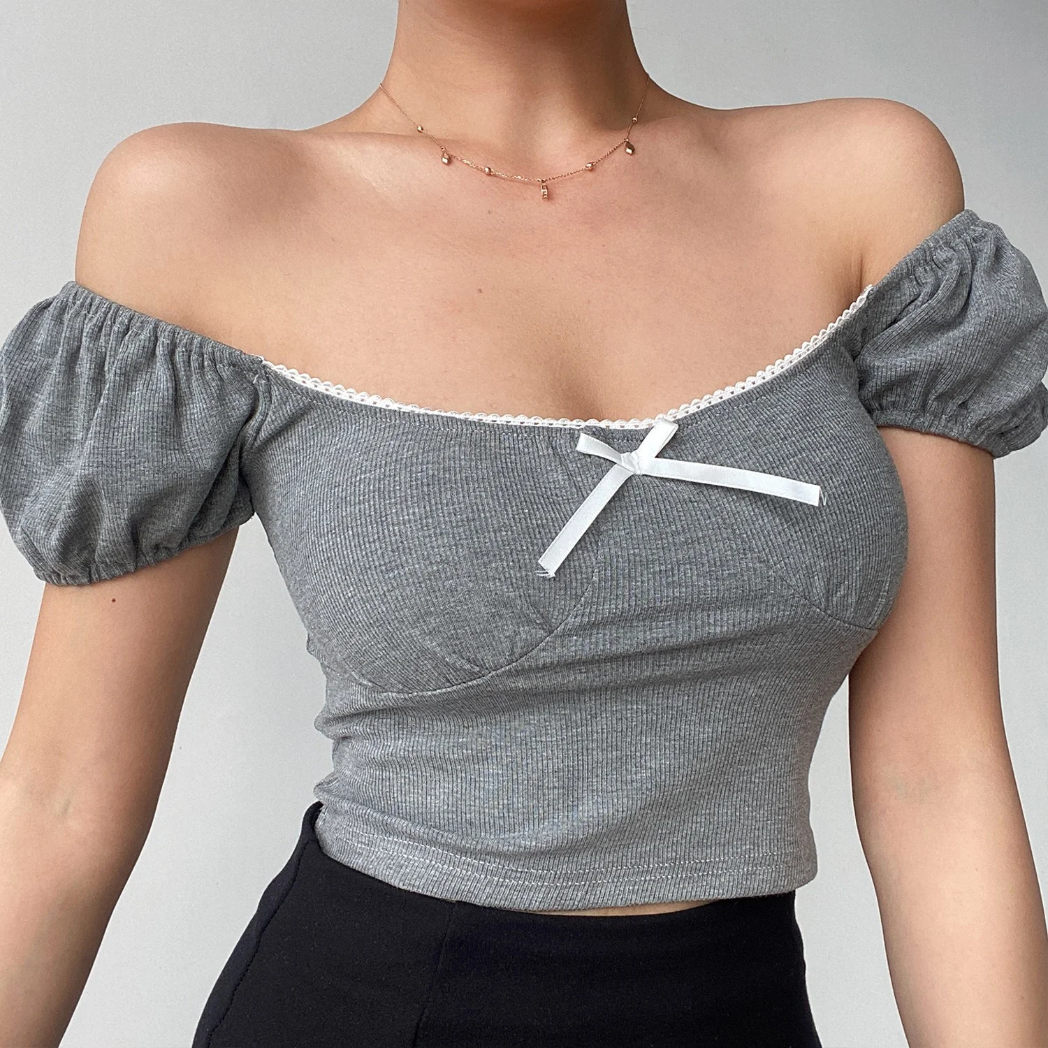 Lace bow short-sleeved T-shirt HA1295 - Image 4
