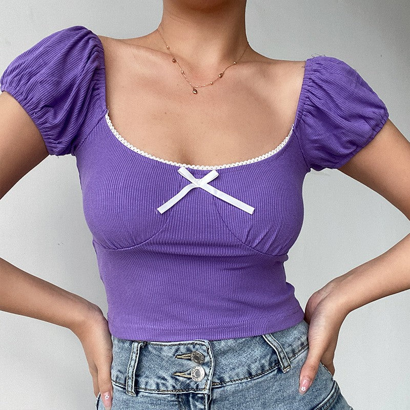 Lace bow short-sleeved T-shirt HA1295 - Image 5