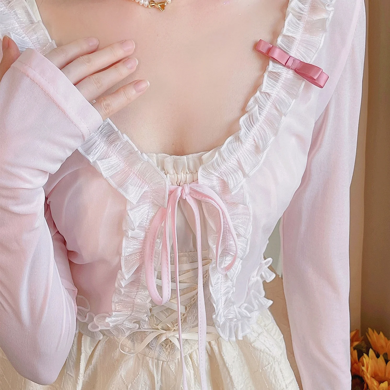 Lace Bow Sunscreen Cardigan Chiffon Sweater HA1918 - Image 2
