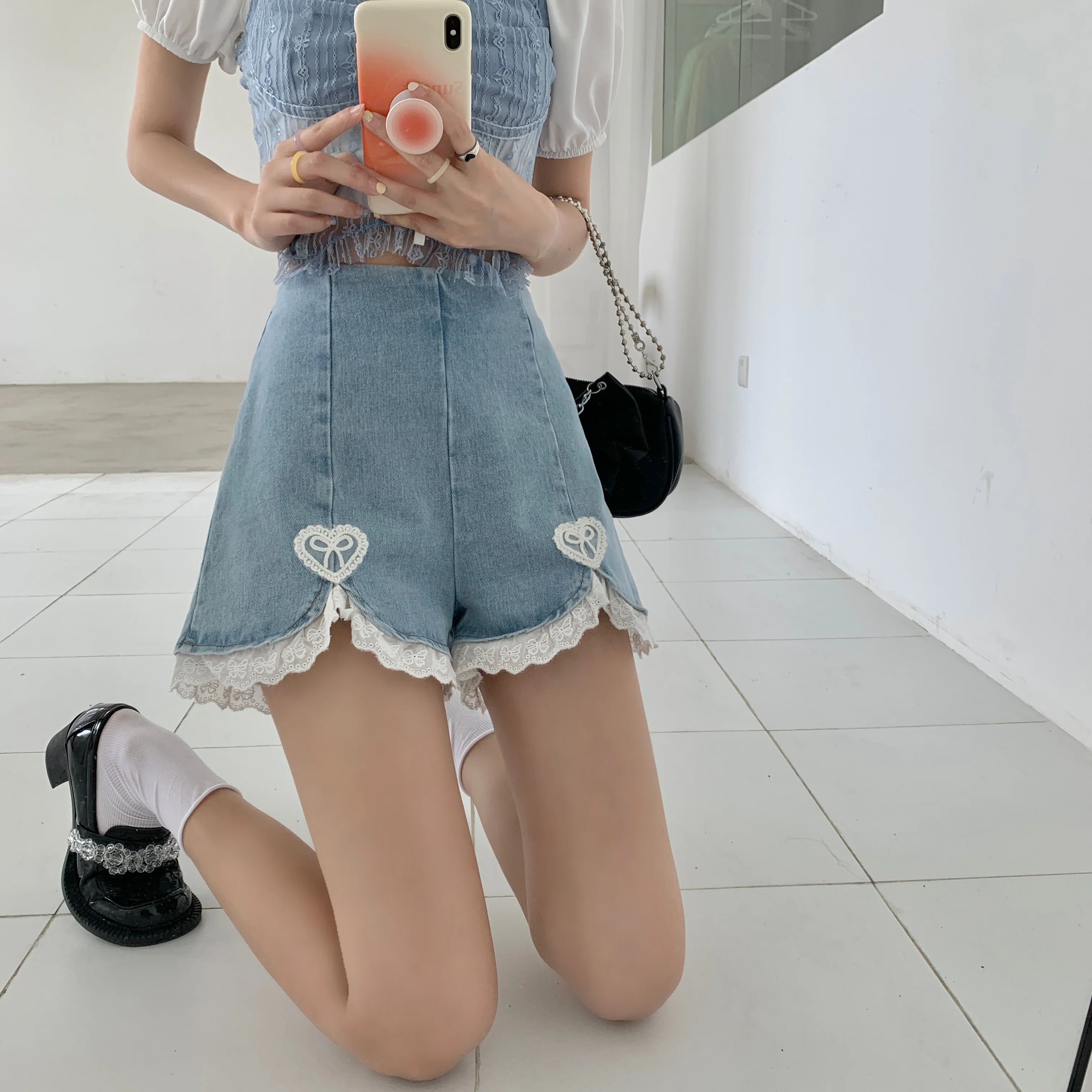 Lace denim shorts HA0481 - Image 3