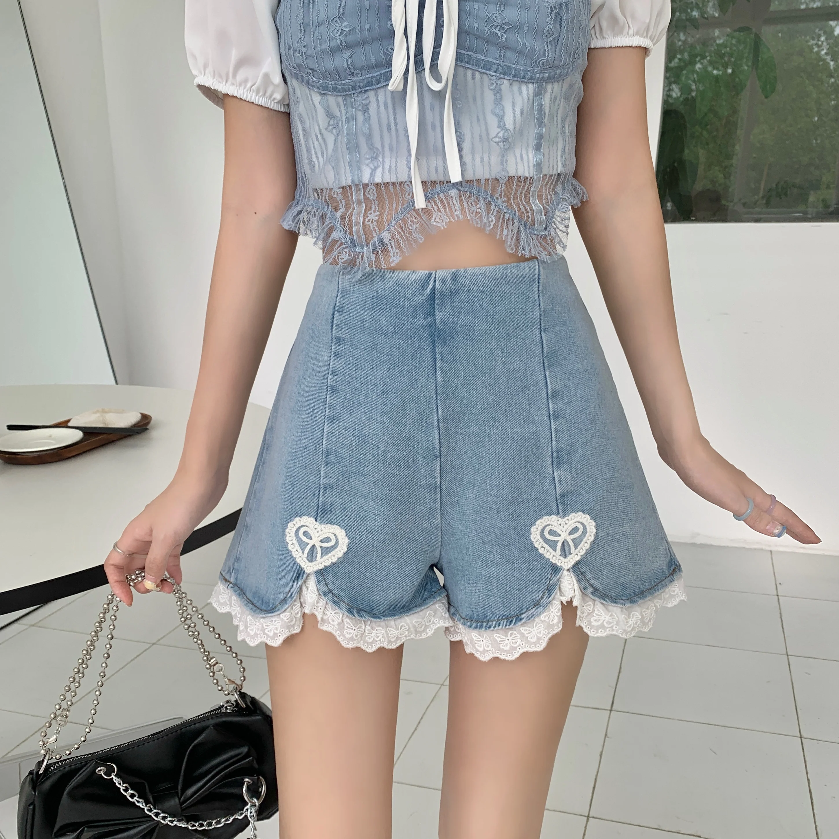 Lace denim shorts HA0481 - Image 4