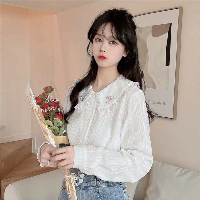 Lace Doll Collar White Long Sleeve Shirt HA1467 - Image 3
