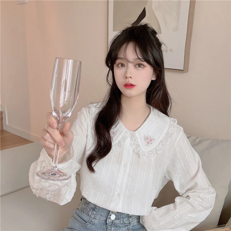 Lace Doll Collar White Long Sleeve Shirt HA1467 - Image 4