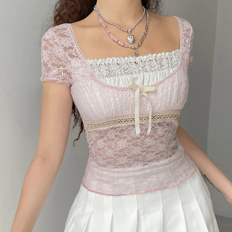 Lace Square Neck Short Sleeve Top   HA0342 - Image 3
