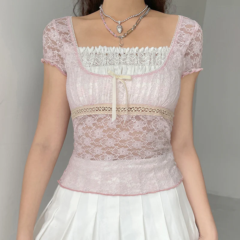 Lace Square Neck Short Sleeve Top   HA0342 - Image 4