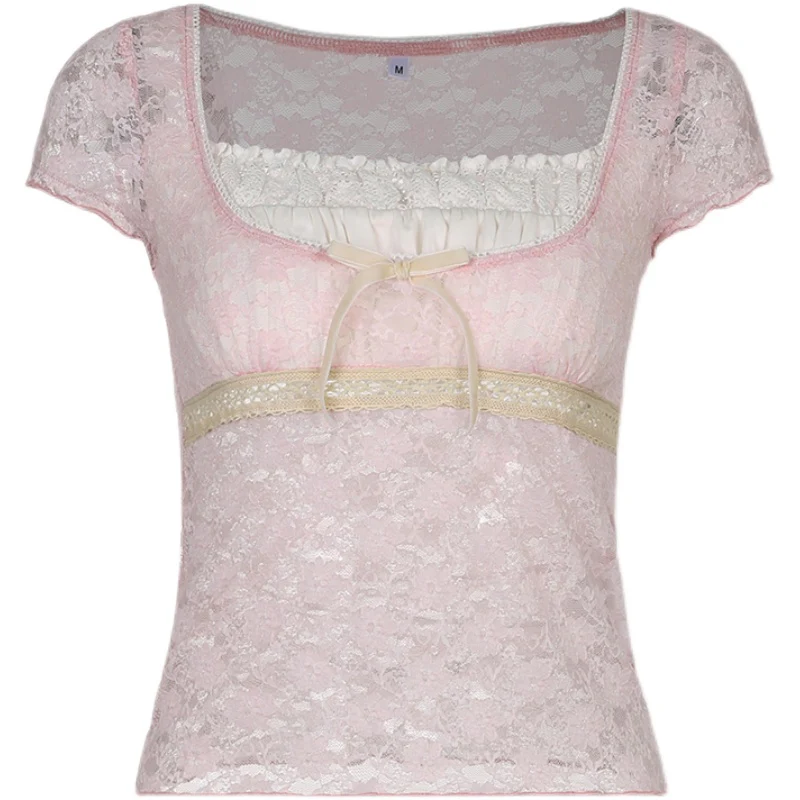 Lace Square Neck Short Sleeve Top   HA0342 - Image 5