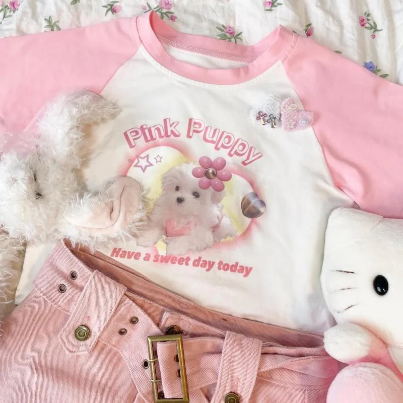 Love puppy print short-sleeved white T-shirt   HA2129 - Image 3