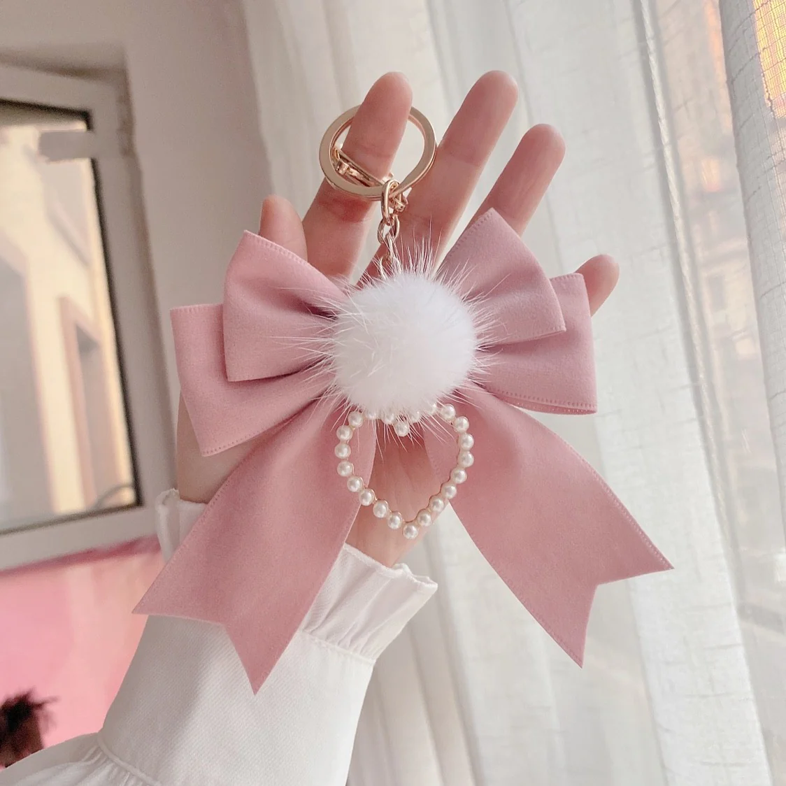 Mink Fur Ball Bow Keychain   HA1568 - Image 3