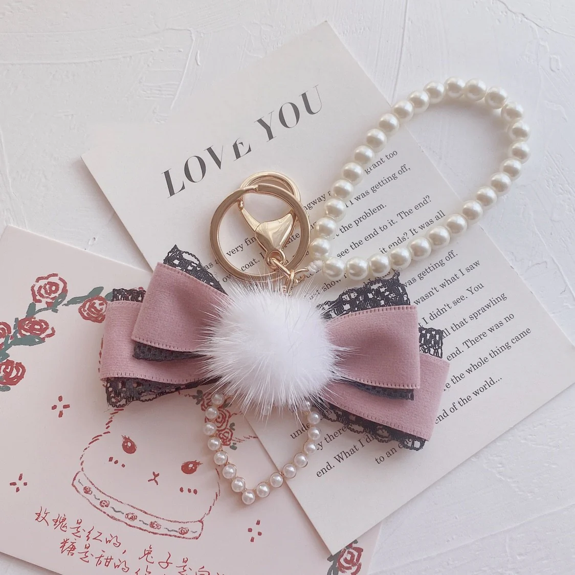 Mink Fur Ball Bow Keychain   HA1568 - Image 4